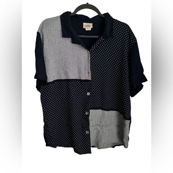 Teddi Women's Button Up Mixed Media Navy Blue Blouse SZ 1x Shoulder Pads #02942 - Picture 1 of 6